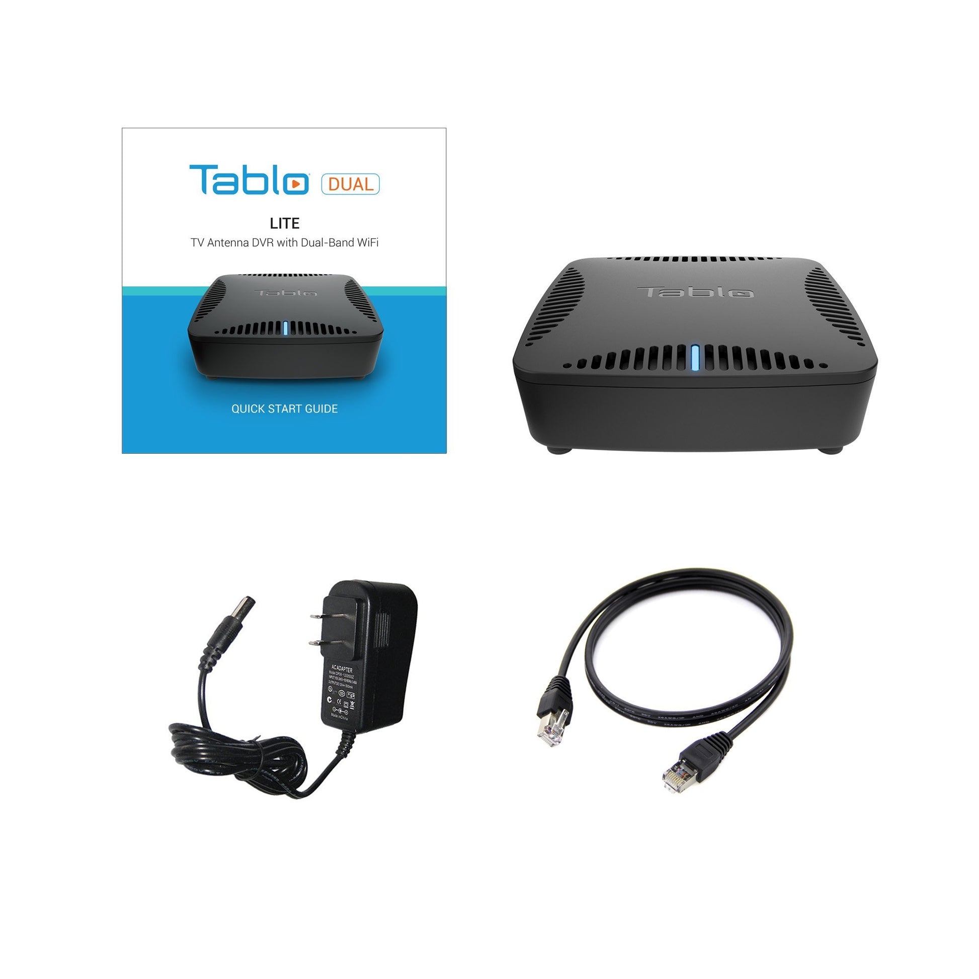 Tablo DUAL LITE Over-The-Air (OTA) DVR (Digital Video Recorder) for Cord Cutters. What's in the box: Quick Start Guide, DVR, power adapter, ethernet cable.