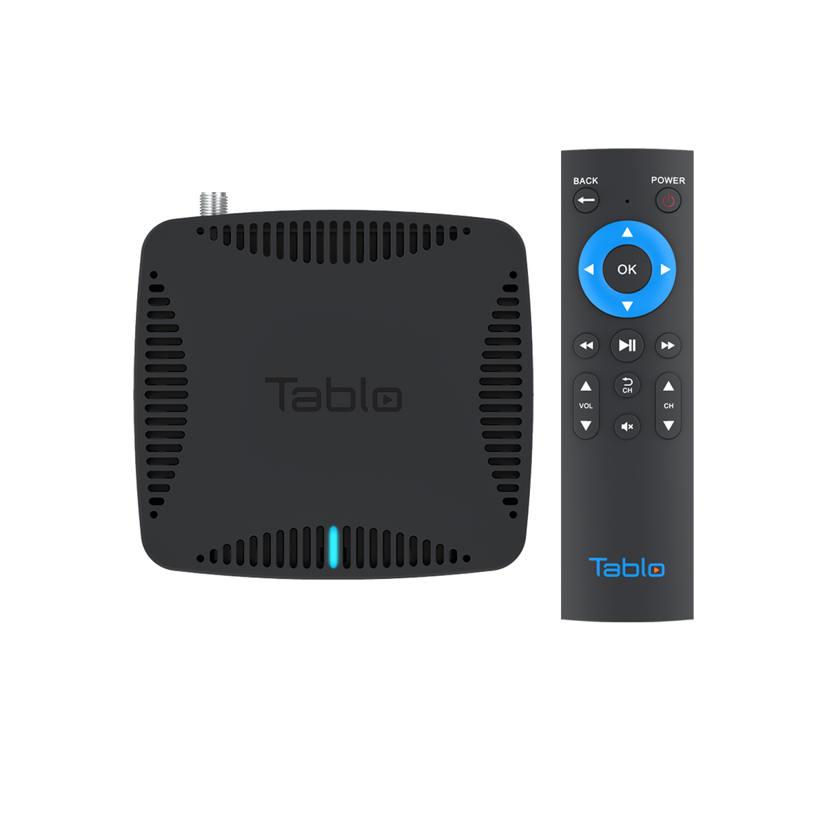 Tablo DUAL HDMI Over-The-Air (OTA) DVR (Digital Video Recorder) for Cord Cutters. DVR hardware with remote top view.