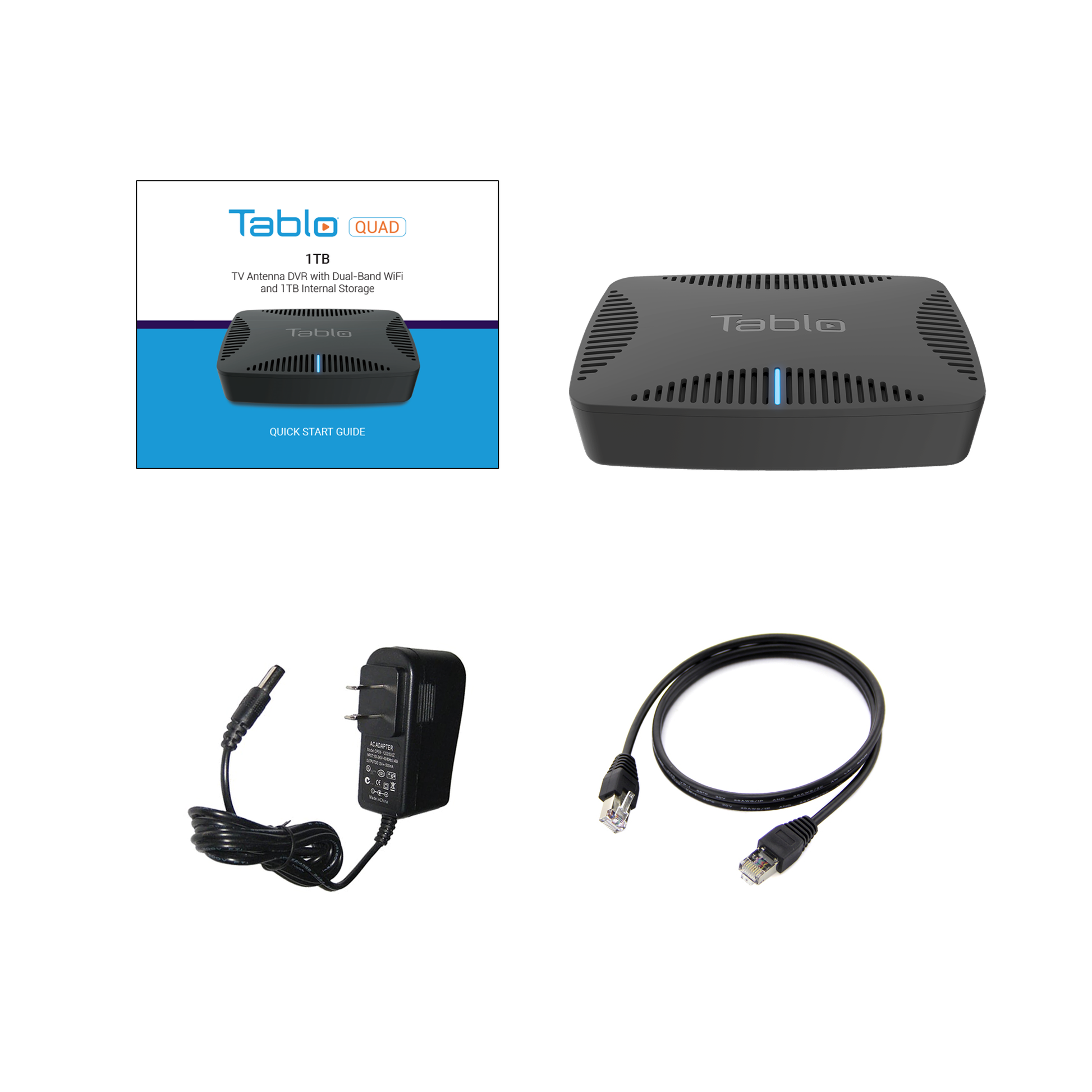 Tablo QUAD 1TB Over-The-Air (OTA) DVR (Digital Video Recorder) for Cord Cutters. What's in the box: Quick Start Guide, Tablo DVR, power adapter, ethernet cable.