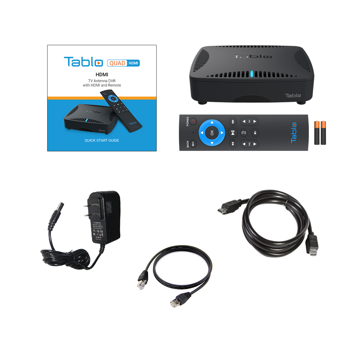 Tablo QUAD HDMI Over-The-Air (OTA) DVR (Digital Video Recorder) for Cord Cutters. What's in the box: Quick Start Guide, Tablo DVR, remote, batteries, power adapter, ethernet cable, HDMI cable.