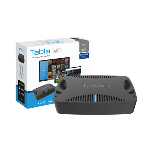 Tablo QUAD Over-The-Air (OTA) DVR (Digital Video Recorder) for Cord Cutters. Retail box and DVR hardware.