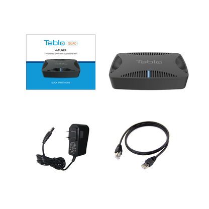 Tablo QUAD Over-The-Air (OTA) DVR (Digital Video Recorder) for Cord Cutters. What's in the box: Quick Start Guide, DVR, Power Adapter, Ethernet Cable.